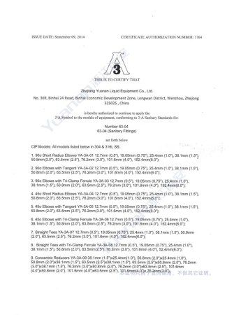Sanitary fittings 3A certification